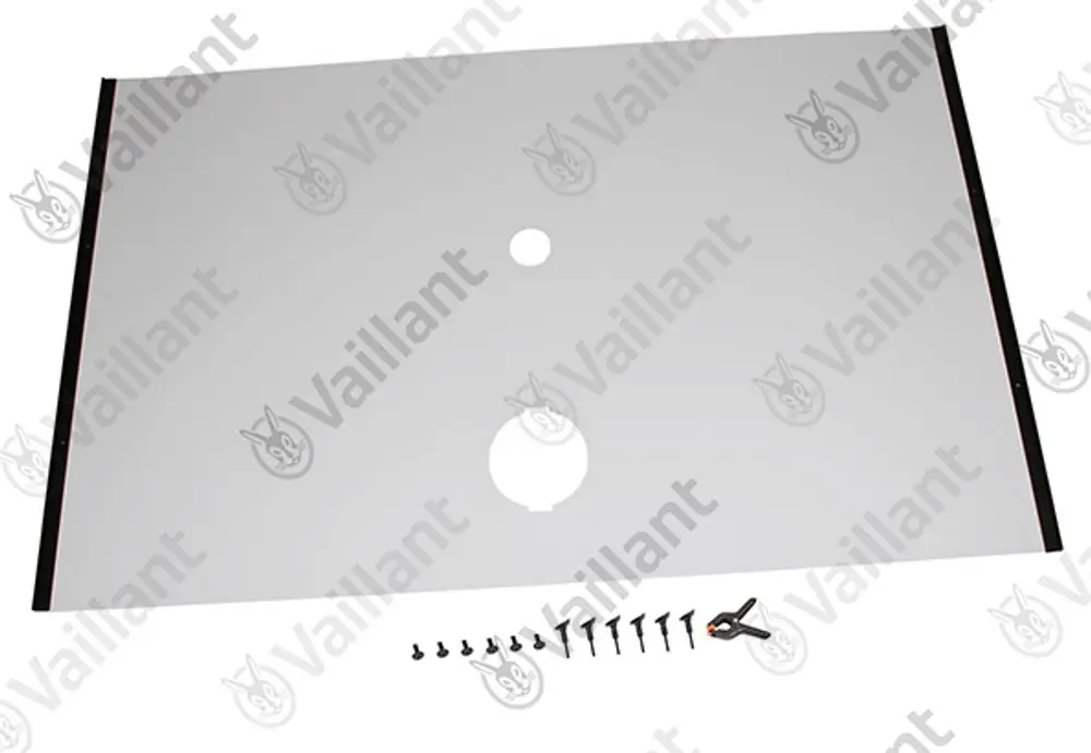 Vaillant Abdeckung aus Metall mit zwei Öffnungen und Befestigungsschrauben, geeignet für eine Heizungsinstallation.